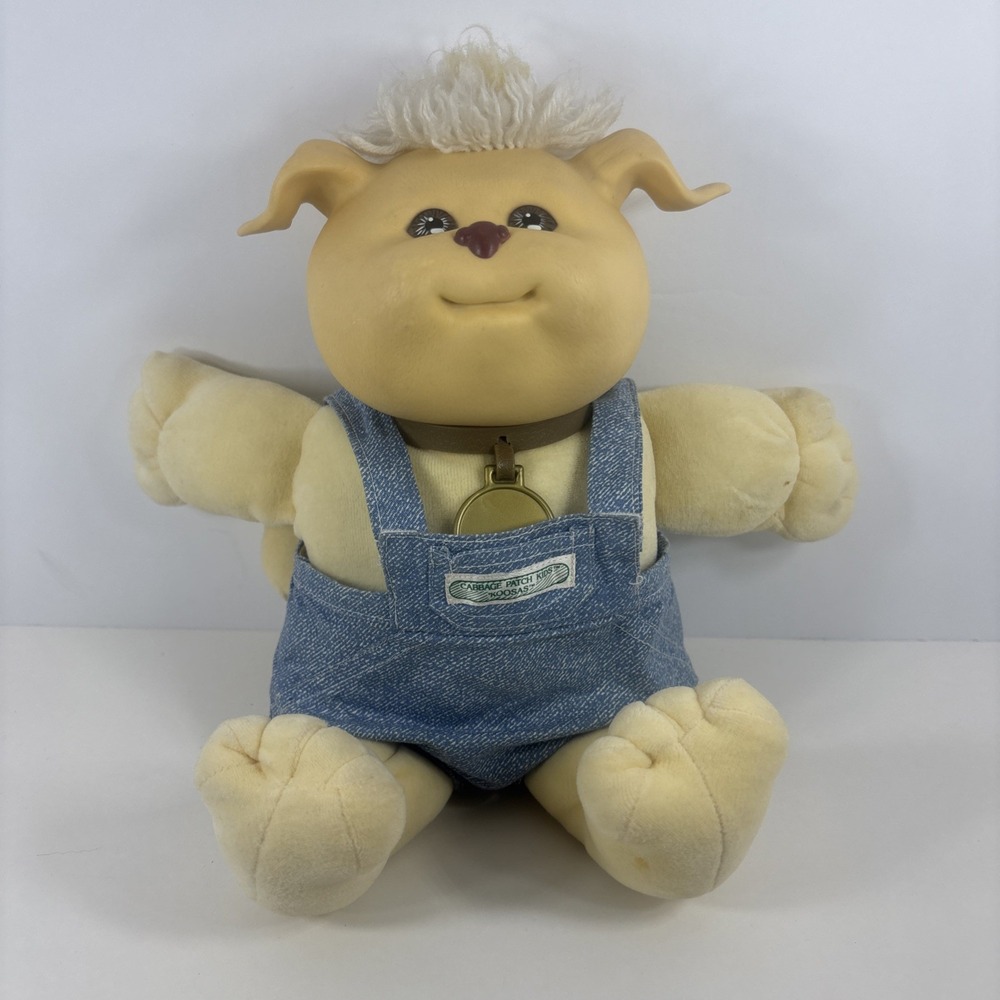 Vintage 1983 Cabbage Patch Kids Koosas Dog Plush Hasbro Blue Overalls Rare 14in